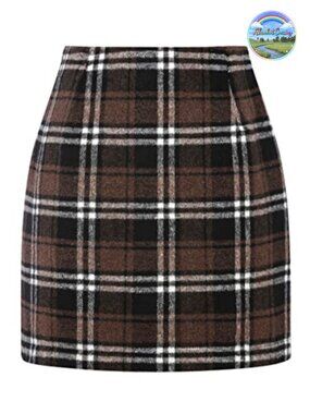 High Waist Plaid Pencil Mini Skirt Bodycon Wool Blend Casual